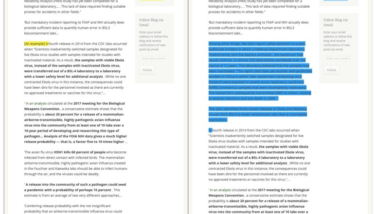 Fitur “Changes” di Wayback Machine merekam bagaimana Dominic Cummings, mantan kepala penasihat perdana menteri Inggris, menambahkan unggahan blog aslinya secara diam-diam (berwarna biru, kanan). Gambar: Tangkapan layar