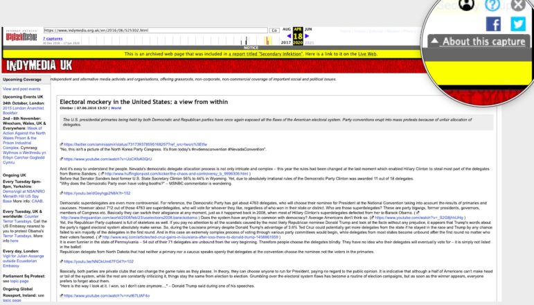 Wayback Machine menyertakan header kuning yang tertaut ke penggunaan eksternal halaman yang diarsipkan, dan dilengkapi tab “About this capture” untuk memberikan konteks historis tambahan tentang halaman tersebut. Gambar: Tangkapan layar