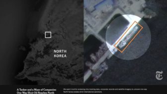 Tim investigasi visual NYT menggunakan data lalu lintas laut dan citra satelit untuk melacak penyelundupan minyak dari China ke Korea Utara. (Gambar: Tangkapan layar)