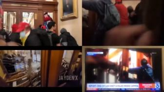 Tangkapan layar dari beberapa video yang menunjukkan penembakan Ashli ​​Babbitt di US Capitol di Washington, DC, pada 6 Januari 2021. (Gambar: Tangkapan layar dari Bellingcat YouTube Channel)