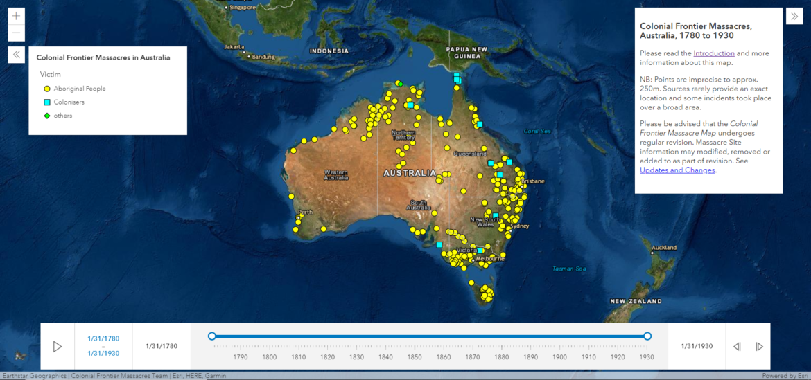 Peta yang menunjukkan berbagai kasus pembantaian masyarakat adat di Australia. (Gambar: Tangkapan layar peta interaktif “Colonial Frontier Massacres in Australia, 1788-1930” yang dikelola University of Newcastle)