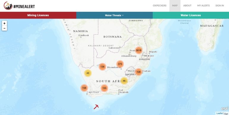 Reporter bisa menggunakan #Minealerts yang dikembangkan Oxpeckers untuk mencari informasi penting terkat pertambangan di Afrika Selatan. (gambar: tangkapan layar)