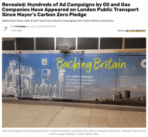 Investigasi DeSmog menemukan kampanye iklan bahan bakar fosil yang intens difokuskan pada stasiun metro utama di London dekat kantor-kantor pemerintah Inggris. Gambar: Tangkapan layar, DeSmog