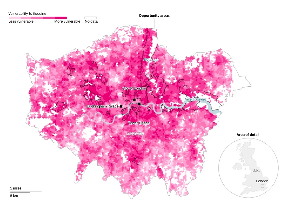 Bloomberg Green memetakan potensi kerentanan terhadap banjir di berbagai wilayah di London. Gambar: Tangkapan layar