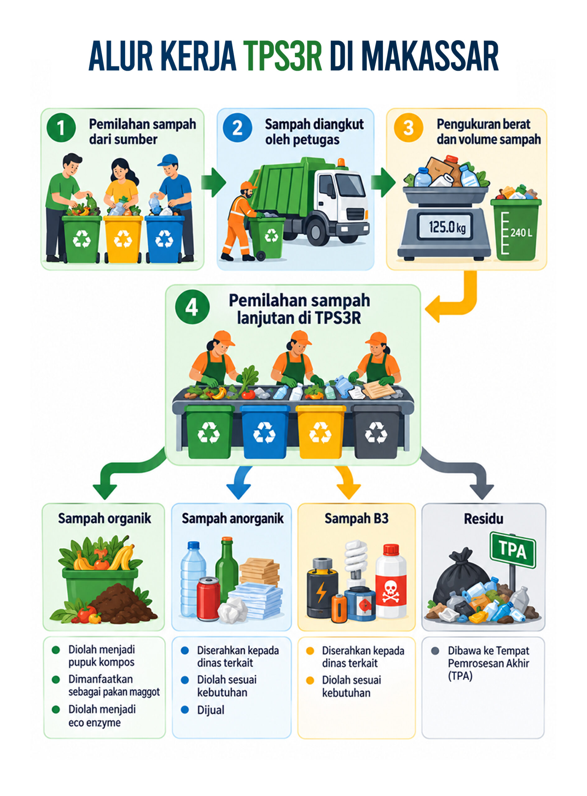 Alur kerja TPS3R resmi dari DLH Makassar. Dibuat ulang menggunakan AI.