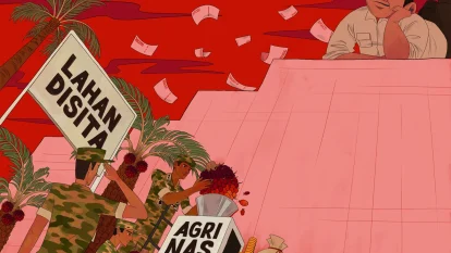 Ilustrasi Satgas PKH dan komando bisnis sawit berkedok pemulihan hutan. (Project M/Aiko Yoshina)